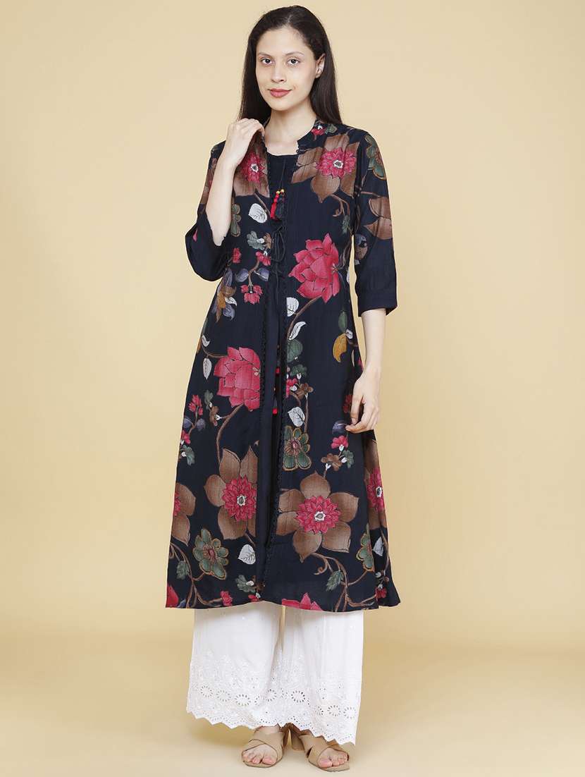 Women Printed Three Quarter Sleeve A-line Kurta - 22280587 -  Standard Image - 2