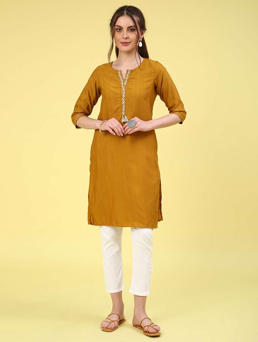 mustard cotton straight kurta - 22280589 -  Standard Image - 2