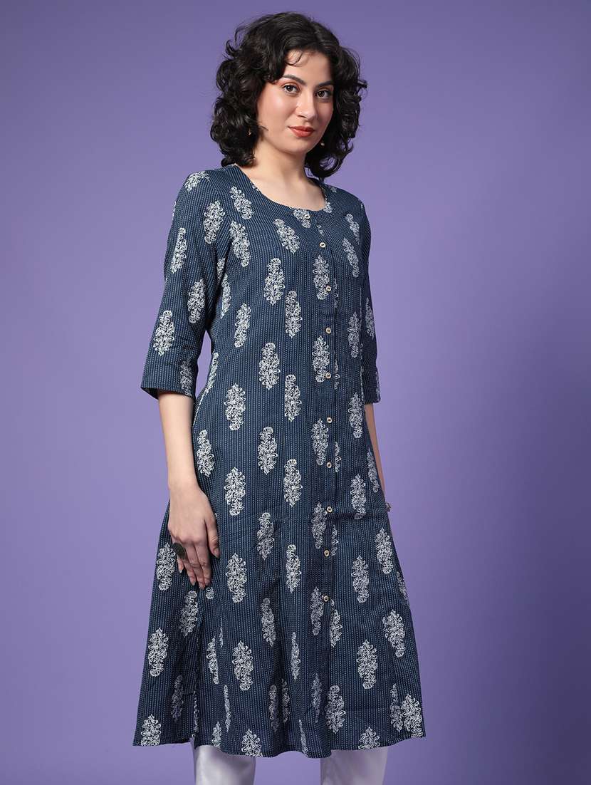 women printed three quarter sleeve a-line kurta - 22280590 -  Standard Image - 2