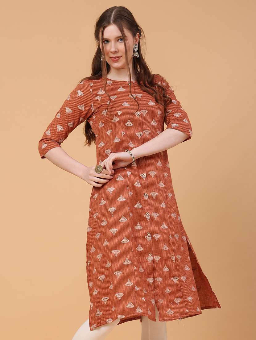 women printed three quarter sleeve a-line kurta - 22280591 -  Standard Image - 2