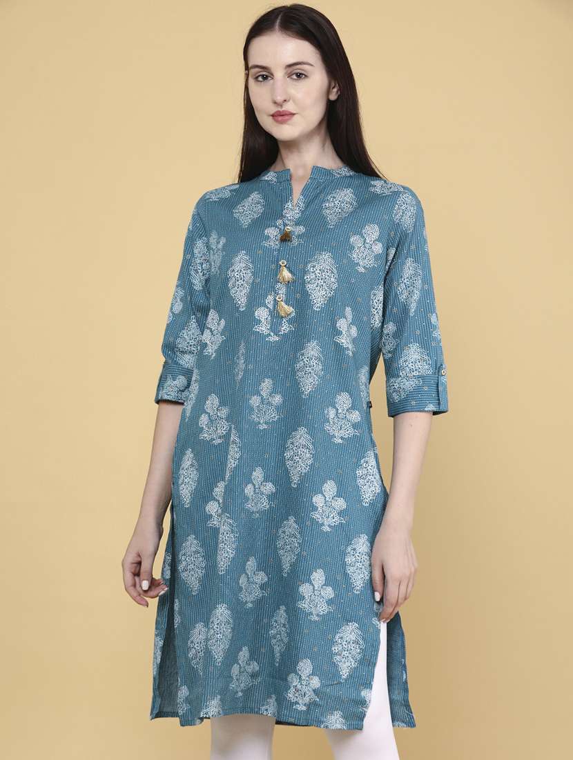 women teal cotton straight kurta