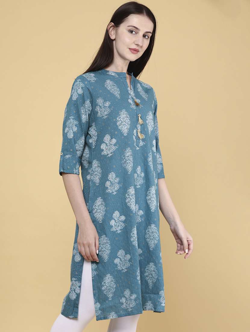 women teal cotton straight kurta - 22280592 -  Standard Image - 2