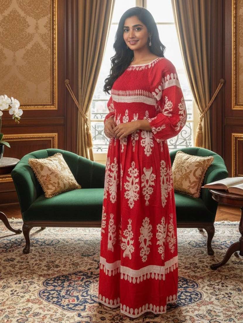 women printed puff sleeve fit & flare dress