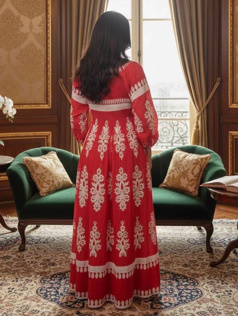 women printed puff sleeve fit & flare dress - 22280741 -  Standard Image - 2