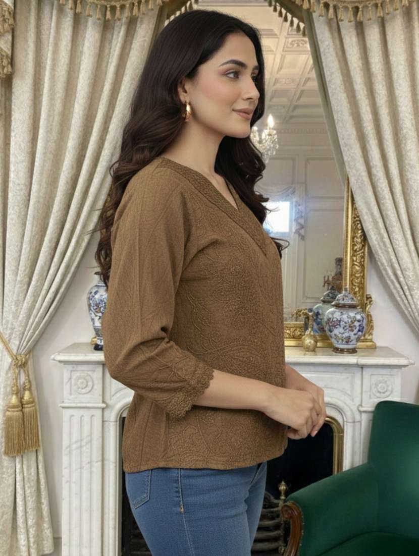 women embroidered three quarter sleeve short kurti - 22280748 -  Standard Image - 2