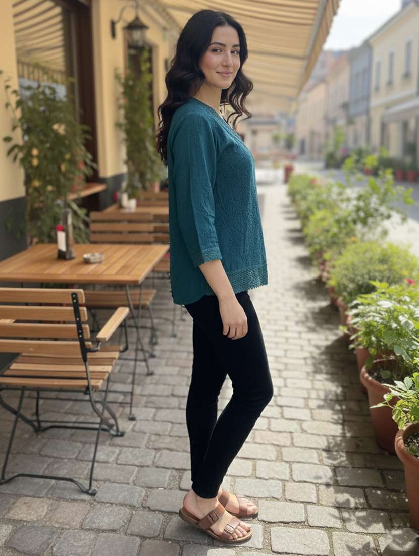 women embroidered three quarter sleeve short kurti - 22280755 -  Standard Image - 2