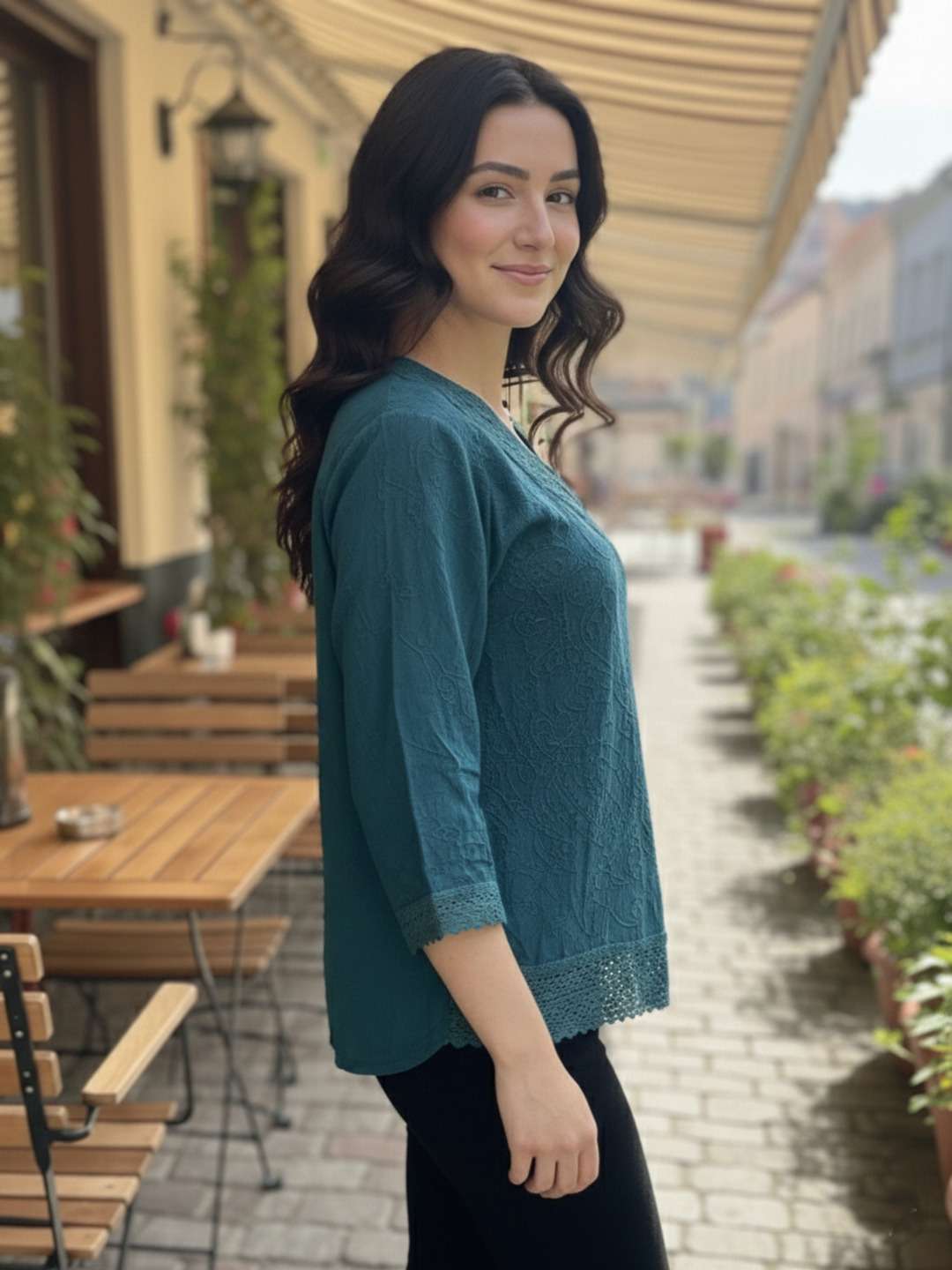 women embroidered three quarter sleeve short kurti - 22280755 -  Standard Image - 2