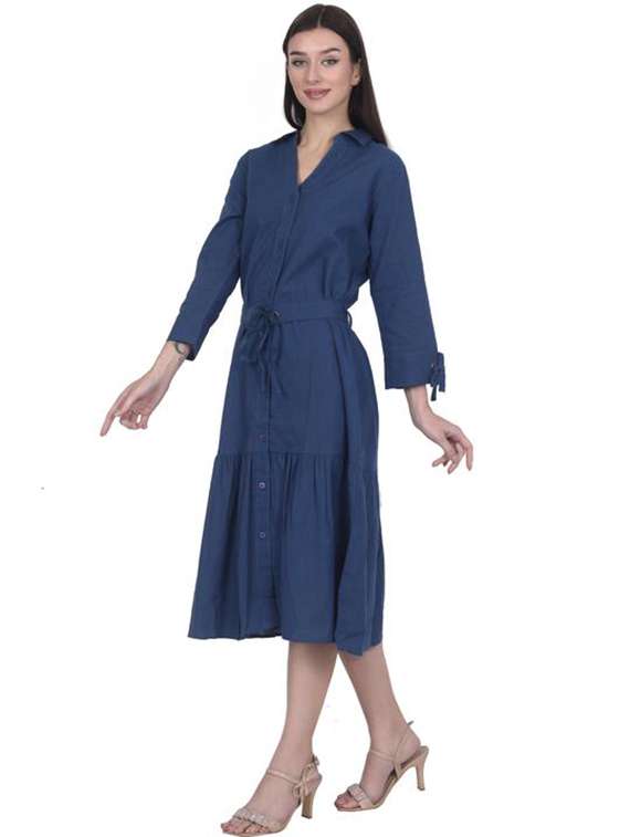 women solid three quarter sleeve tiered dress - 22280766 -  Standard Image - 2