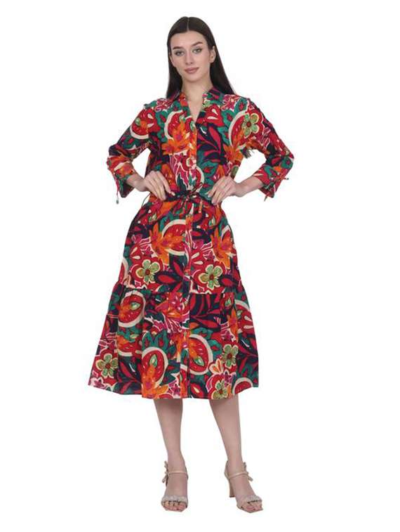 women printed three quarter sleeve tiered dress