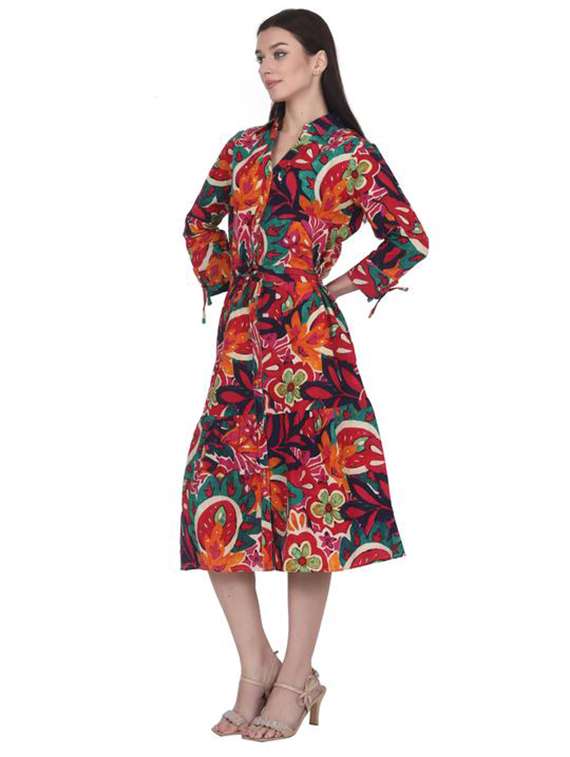 women printed three quarter sleeve tiered dress - 22280767 -  Standard Image - 2