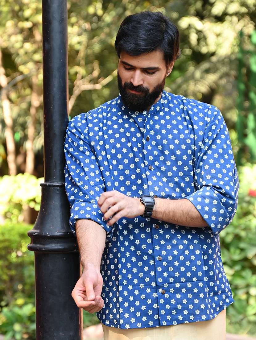 men printed collared long sleeve casual shirt