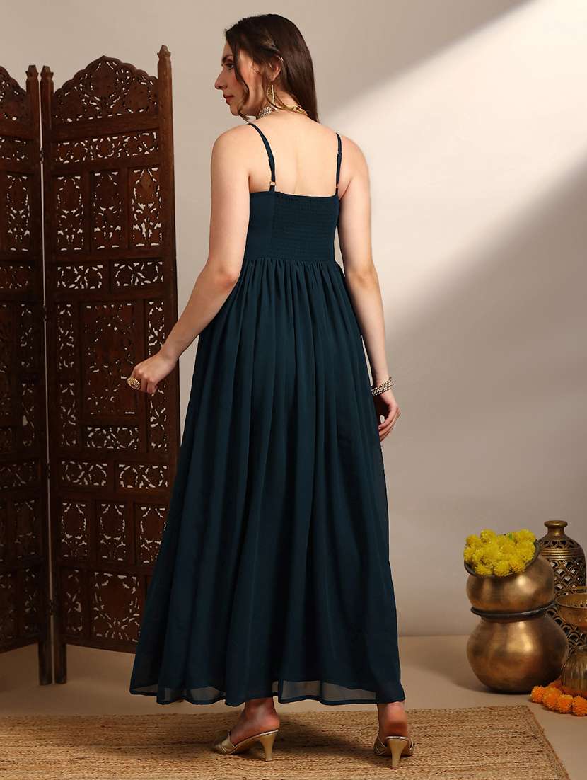 women solid with work shoulder strap fit & flare ethnic dress - 22280951 -  Standard Image - 2