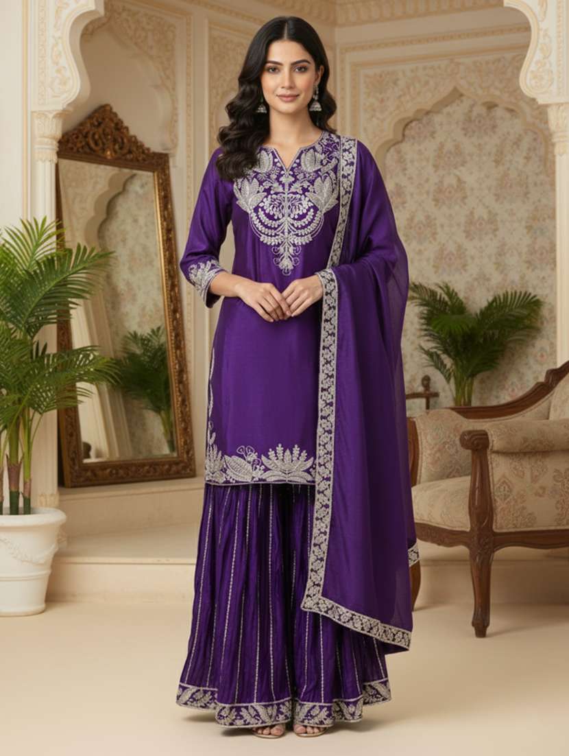 women solid with work three quarter sleeve kurta sharara with dupatta set - 22280953 -  Standard Image - 2