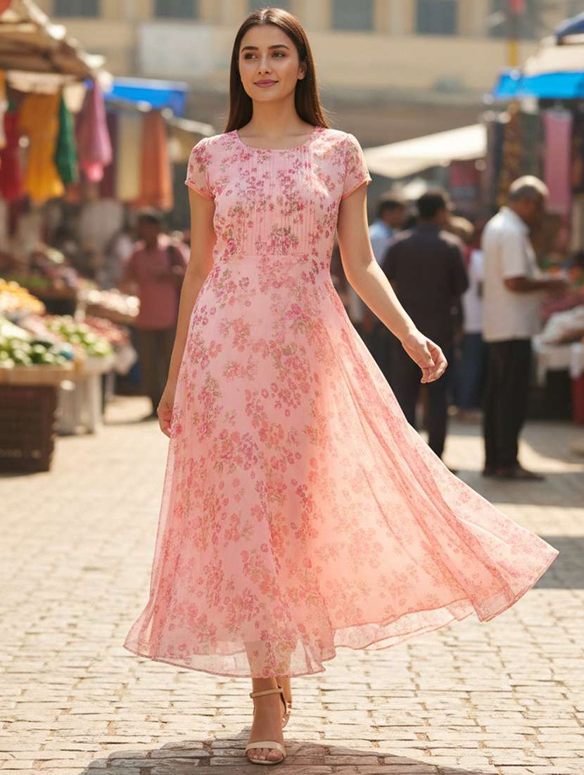 women floral print short sleeve fit & flare dress