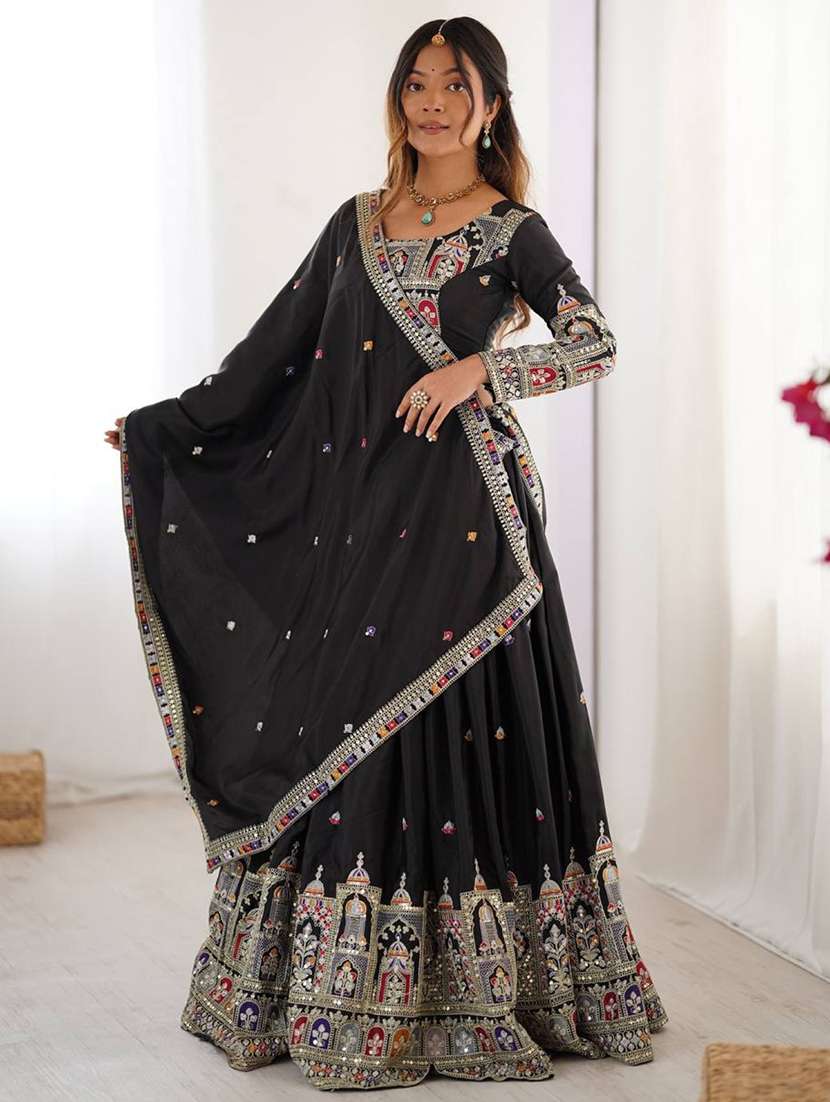 women solid with work semi stitched flared lehenga - 22281001 -  Standard Image - 2