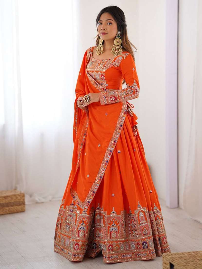 women solid with work semi stitched flared lehenga - 22281003 -  Standard Image - 2