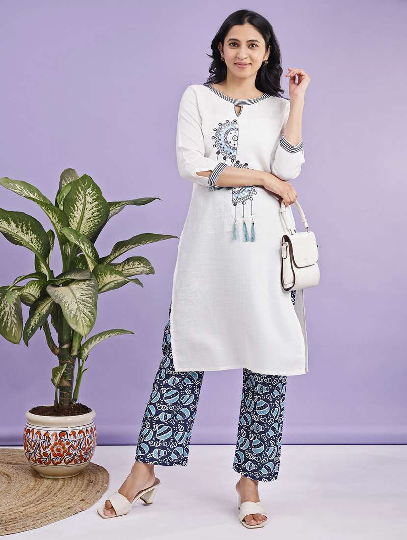 women solid with work three quarter sleeve kurta pant set - 22281016 -  Standard Image - 2