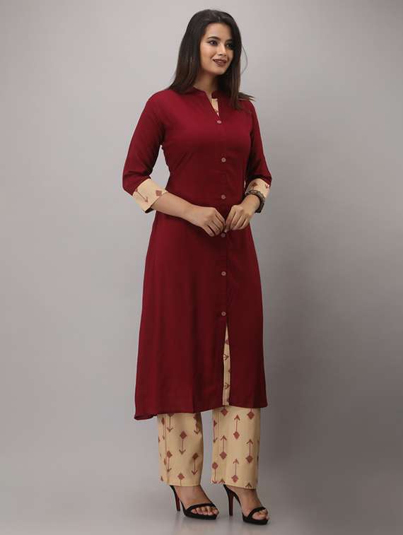women solid three quarter sleeve kurta pant set - 22281167 -  Standard Image - 2