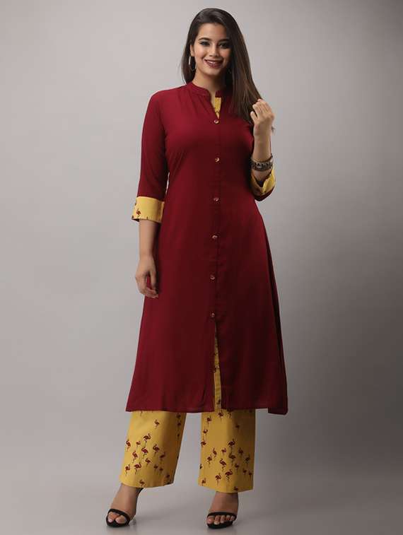 women solid three quarter sleeve kurta pant set