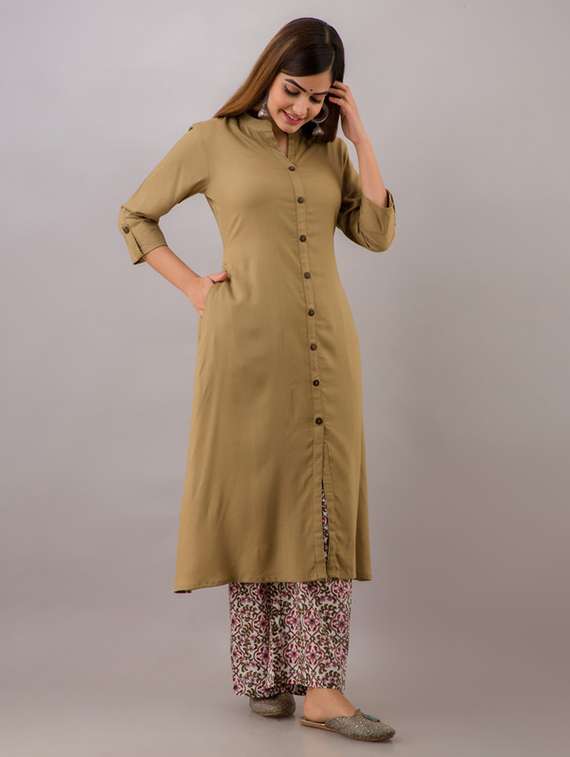 women solid three quarter sleeve kurta pant set - 22281171 -  Standard Image - 2