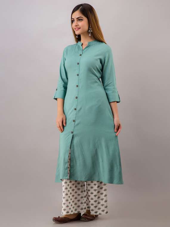 women solid three quarter sleeve kurta palazzo set - 22281172 -  Standard Image - 2