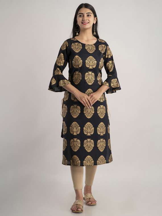 women printed bell sleeve straight kurta