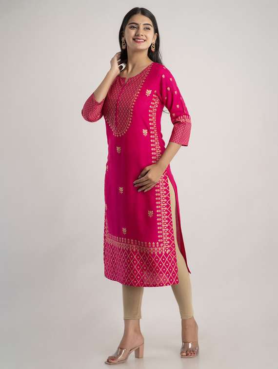 women printed three quarter sleeve straight kurta - 22281184 -  Standard Image - 2