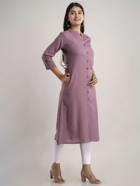 women solid three quarter sleeve a-line kurta - 22281188 -  Standard Image - 2