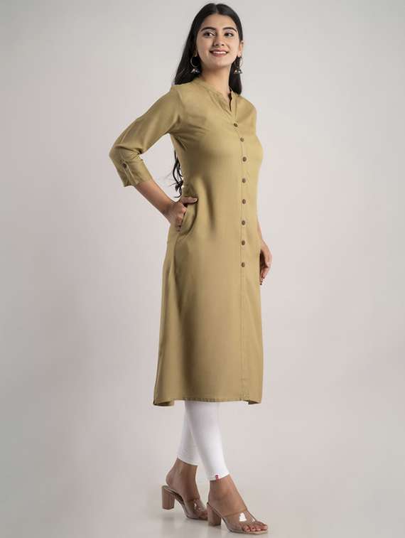 women solid three quarter sleeve a-line kurta - 22281189 -  Standard Image - 2