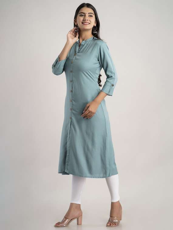 women solid three quarter sleeve a-line kurta - 22281190 -  Standard Image - 2