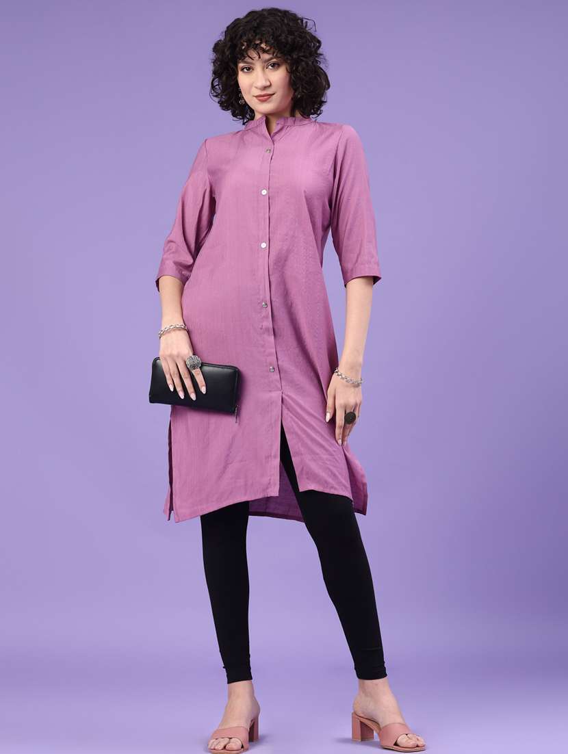 women solid three quarter sleeve straight kurta