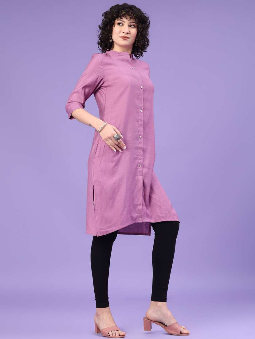 women solid three quarter sleeve straight kurta - 22281442 -  Standard Image - 2