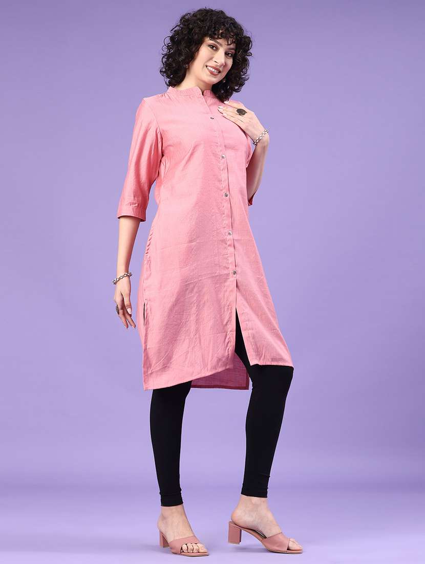 women solid three quarter sleeve straight kurta - 22281443 -  Standard Image - 2