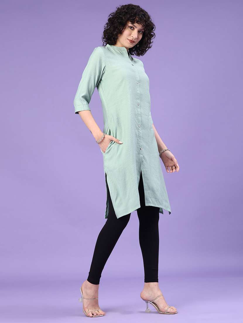 women solid three quarter sleeve straight kurta - 22281444 -  Standard Image - 2