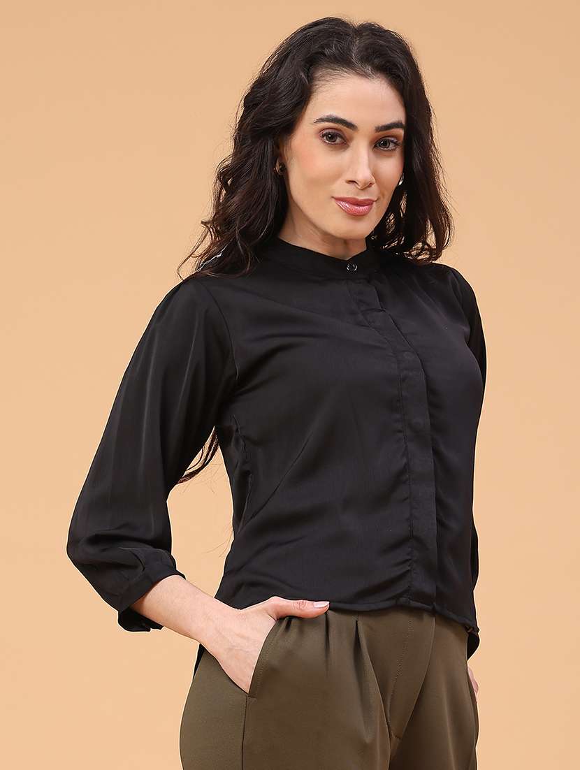 women solid mandarin neck bishop sleeve shirt - 22281709 -  Standard Image - 2
