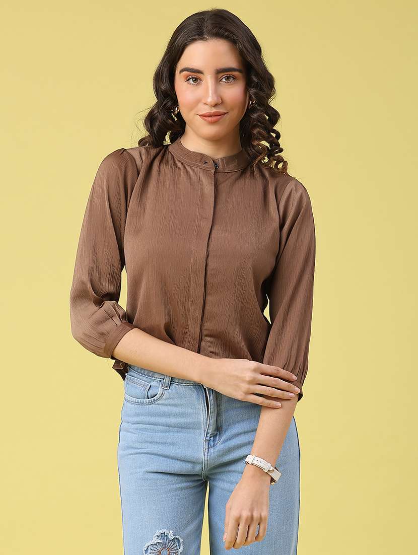 women solid mandarin neck crop shirt - 22281710 -  Standard Image - 2