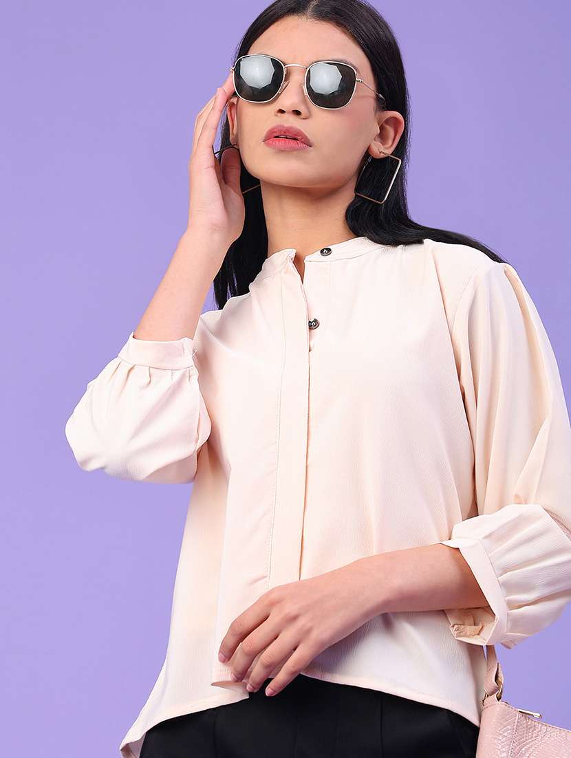 women solid mandarin neck long sleeve shirt