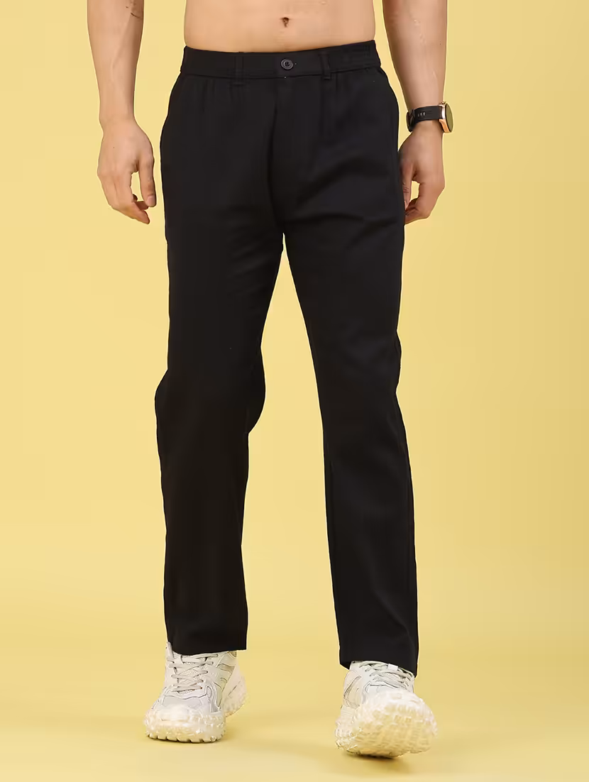 men solid mid rise flat front casual trouser