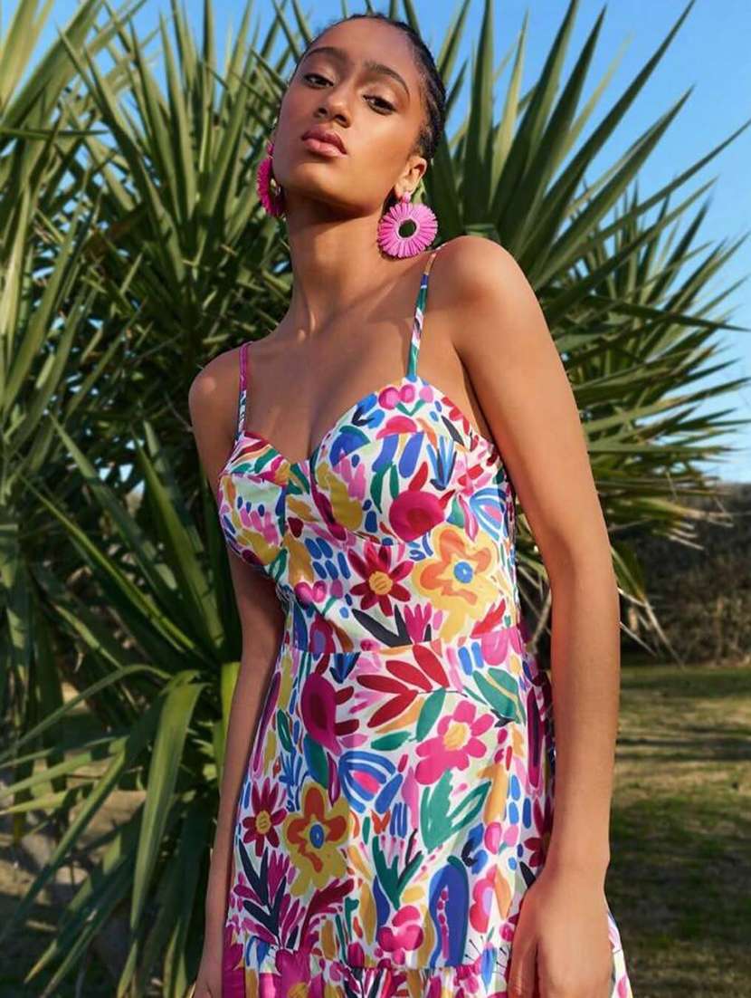 women printed shoulder strap tiered dress - 22282081 -  Standard Image - 2