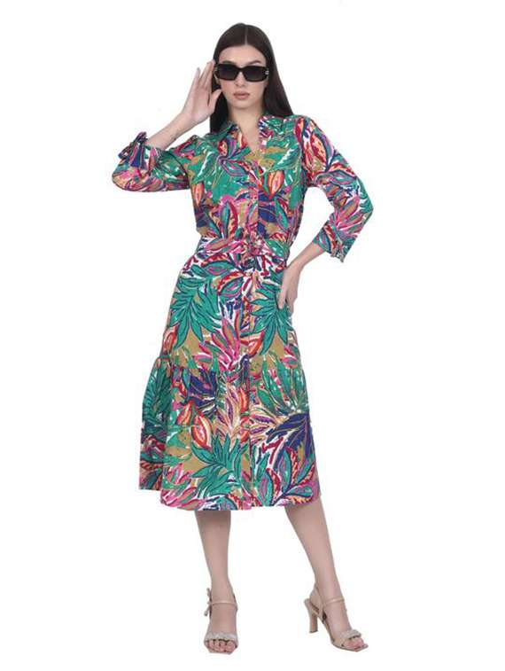 women printed three quarter sleeve tiered dress