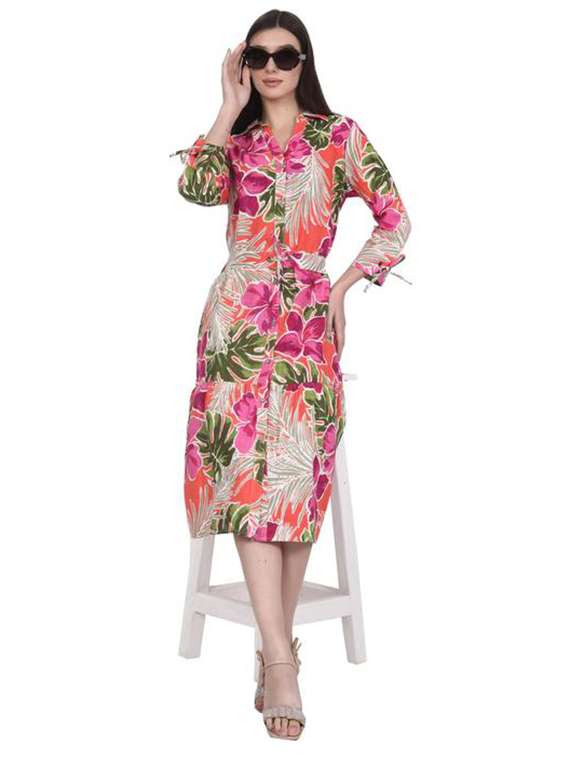 women printed three quarter sleeve tiered dress