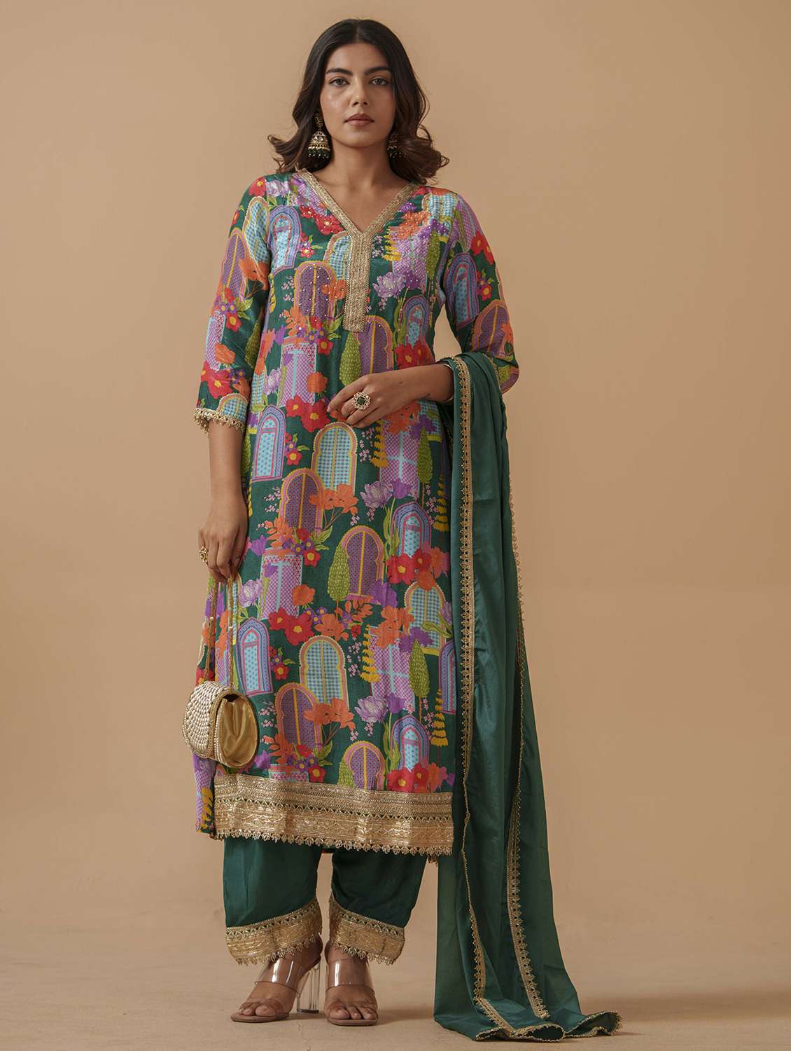 women printed three quarter sleeve kurta pant with dupatta set