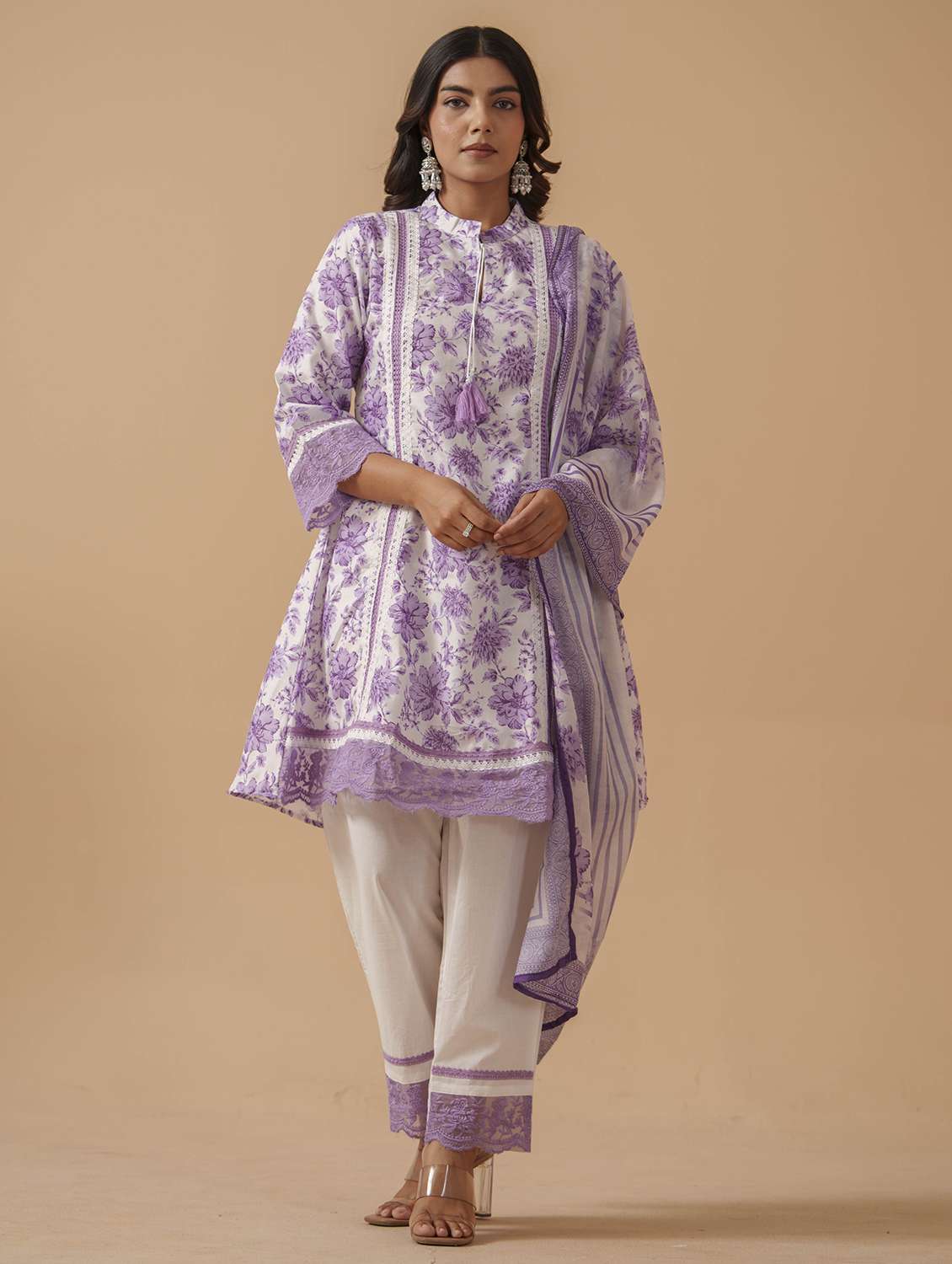 women floral three quarter sleeve kurta pant with dupatta set
