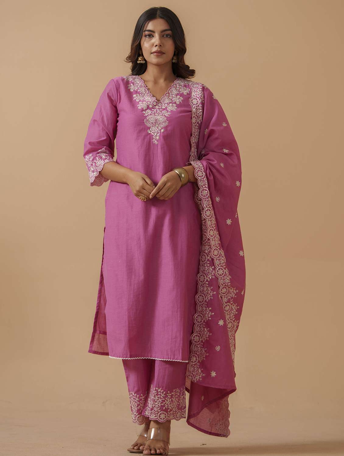 women solid with work three quarter sleeve kurta pant with dupatta set