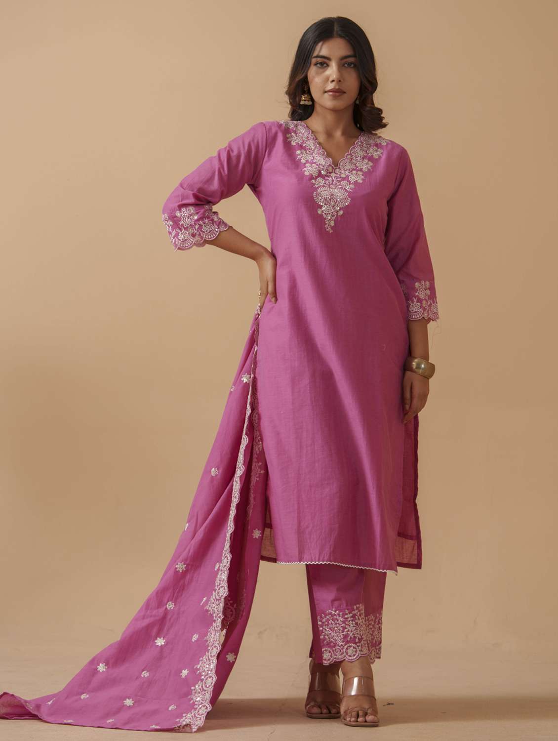 women solid with work three quarter sleeve kurta pant with dupatta set - 22282171 -  Standard Image - 2
