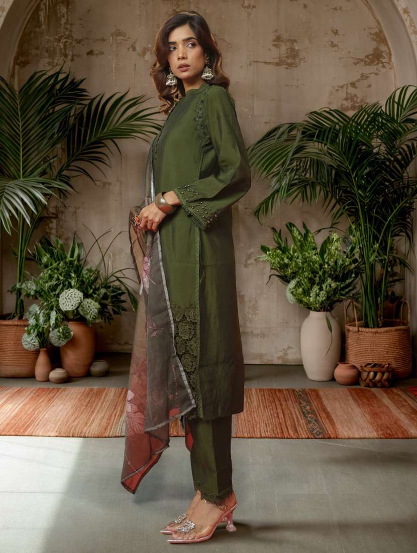 women solid with work long sleeve kurta pant set - 22282174 -  Standard Image - 2
