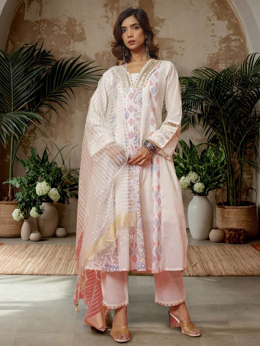 women printed long sleeve kurta pant with dupatta set