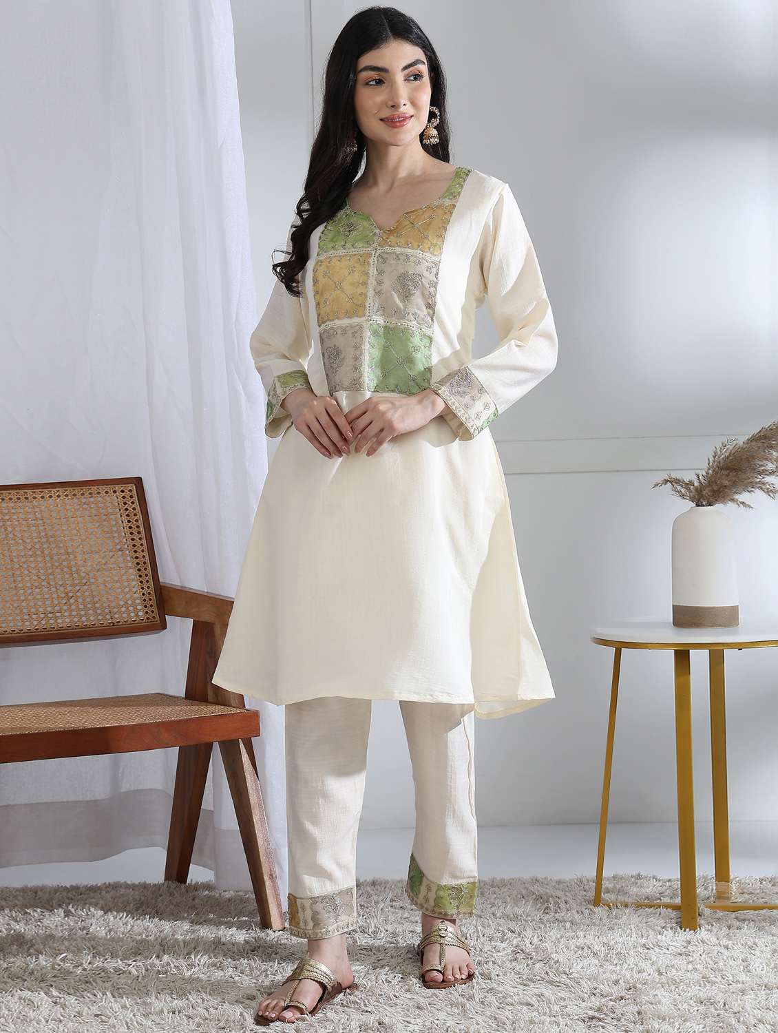 women solid with work long sleeve kurta pant set - 22282185 -  Standard Image - 2