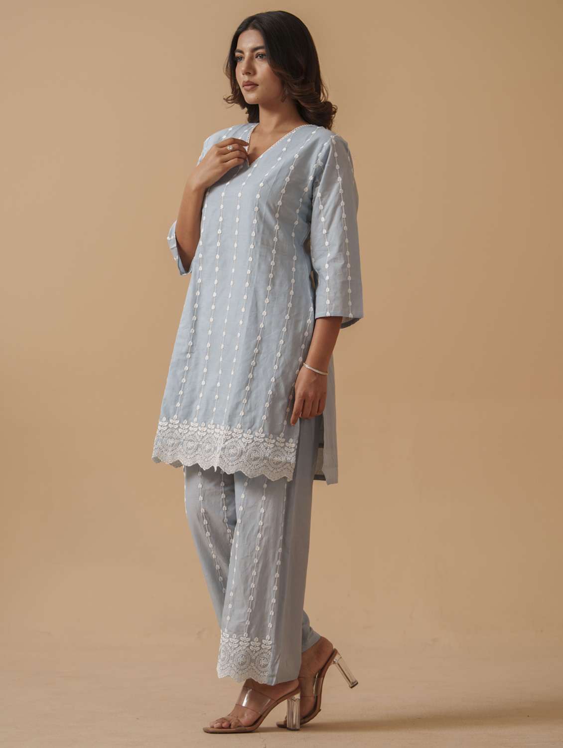 women solid with work three quarter sleeve ethnic co-ord set - 22282194 -  Standard Image - 2