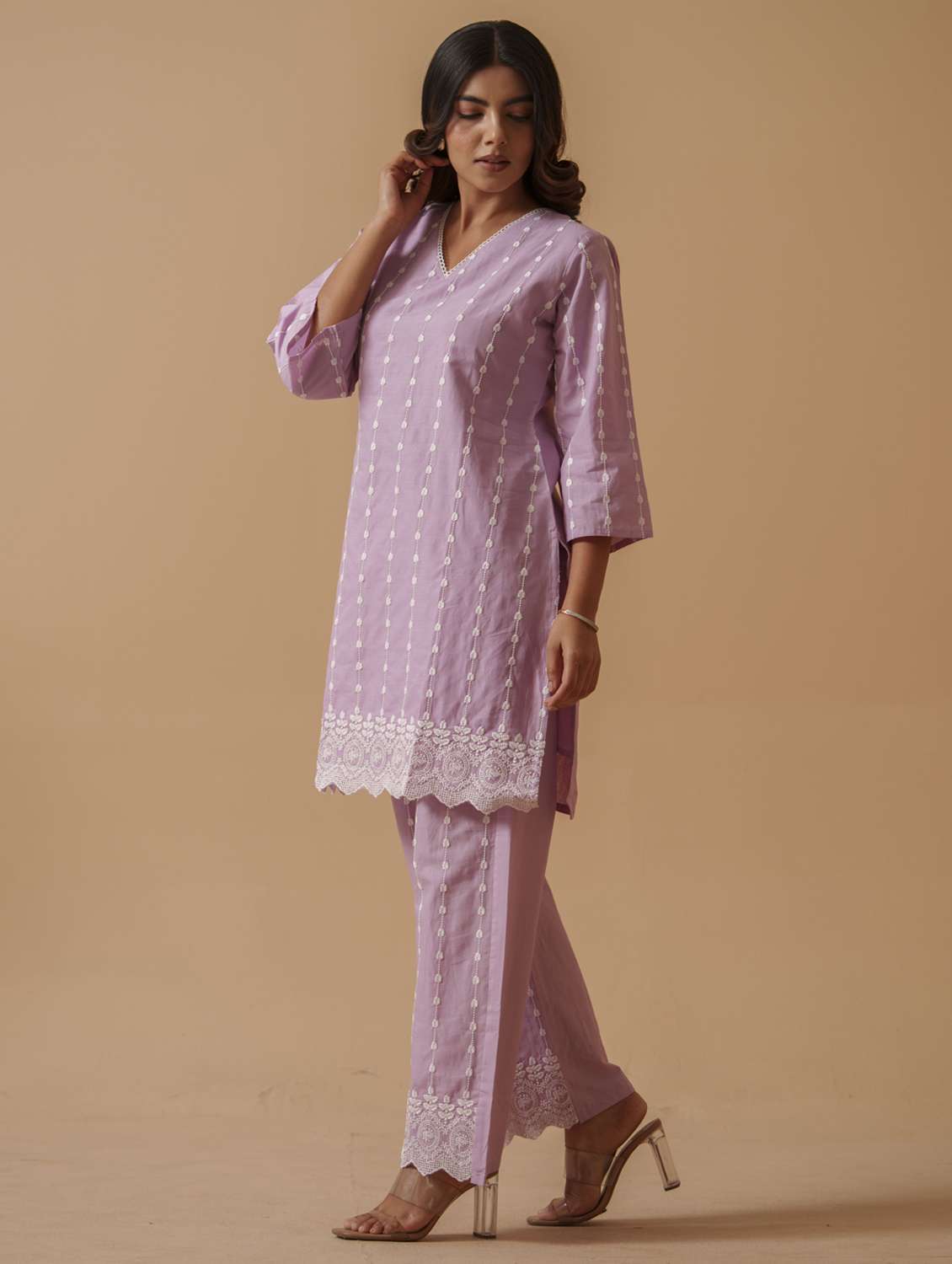 women solid with work three quarter sleeve ethnic co-ord set - 22282195 -  Standard Image - 2